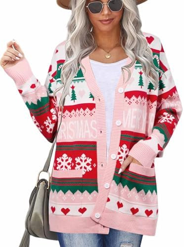 Ugly Christmas Cardigan Sweaters for Women Button Down Sweaters with Pockets Open Front Knit Card... | Amazon (US)
