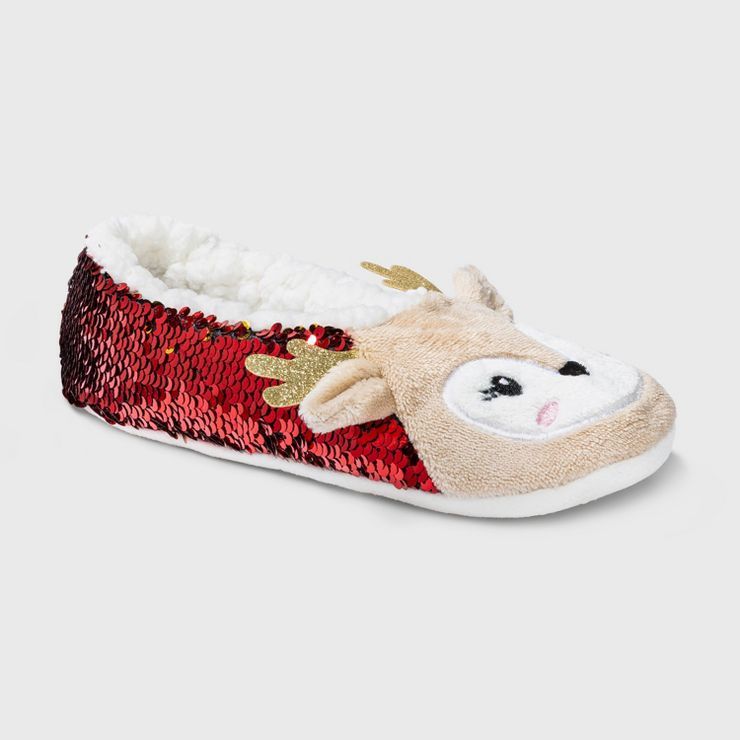 Women's Reindeer Pull-On Slipper Socks with Flip Sequins & Grippers - Wondershop™ Red/Gold | Target