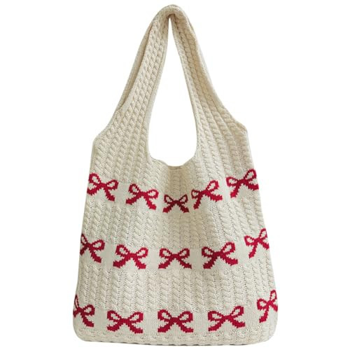 Crochet Tote Bag Y2k Bow Purse for Women Coquette Aesthetic Hobo Bag Cute Shoulder Handbag Knitted Tote Bow Printed Bag | Amazon (US)