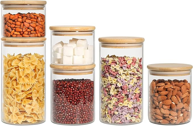 ComSaf Food Storage Container with Airtight Bamboo Lid Set of 6, Clear Glass Canister Food Jar wi... | Amazon (US)
