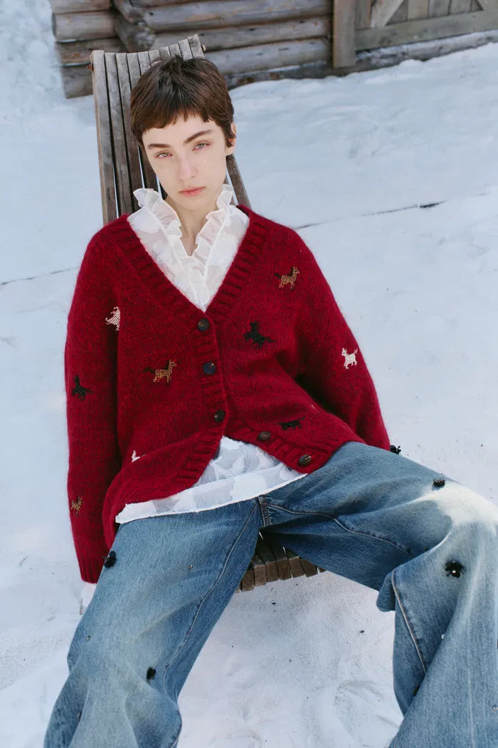 Erica V Neck Beaded Pony Cardigan in Wool Mohair Blend Knit | Fabrique