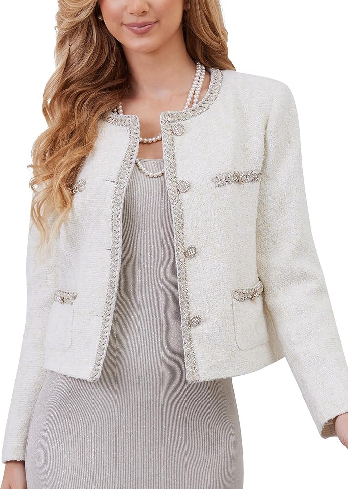 M.Infisavo Womens Tweed Blazer Jacket, Cropped Long Sleeve Blazers with Pockets Crewneck Open Fro... | Amazon (US)