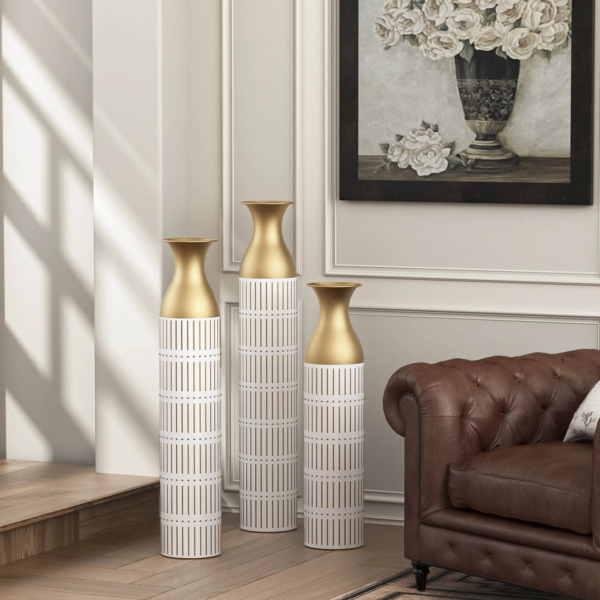 Everly Quinn Rasleen Metal Floor Vase, Tall Large Floor Vase with Gold Embossed Stripe Pattern, A... | Wayfair North America