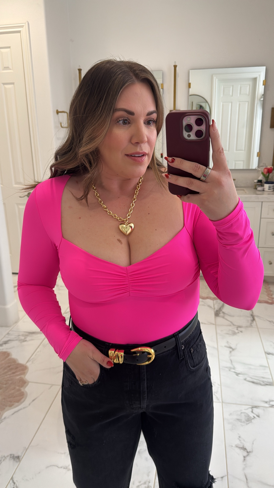 curvy midsize casual Valentines outfit! wearing size xl in hot pink bodysuit and size 31 curve in black denim 

#LTKSeasonal #LTKFindsUnder50 #LTKMidsize