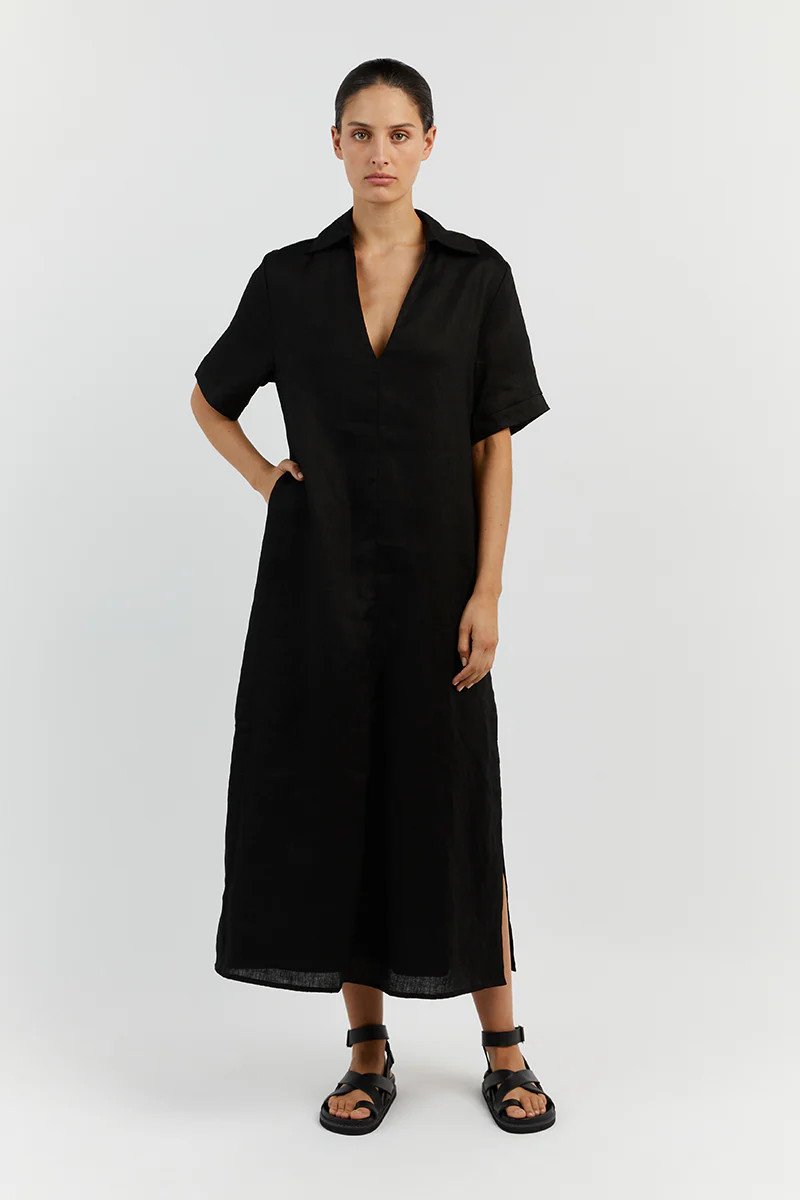 CANDICE BLACK LINEN MIDI DRESS | DISSH