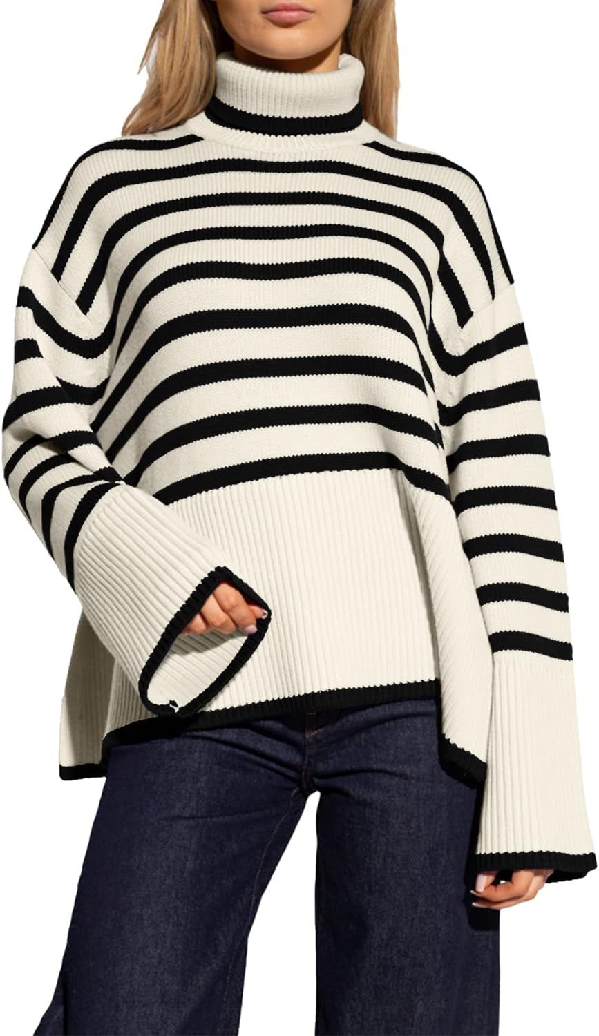 Women's Striped Turtleneck Sweater Long Sleeve Oversized Knitted Soft Pullover Sweaters Side Spli... | Amazon (US)