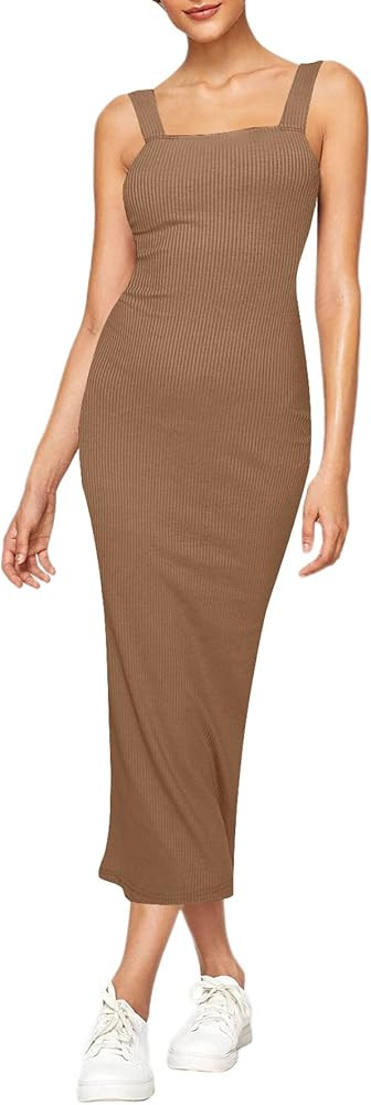 Amazon.com: Verdusa Women's Sleeveless Slit Back Ribbed Bodycon Midi Tank Dress Khaki S : Clothin... | Amazon (US)