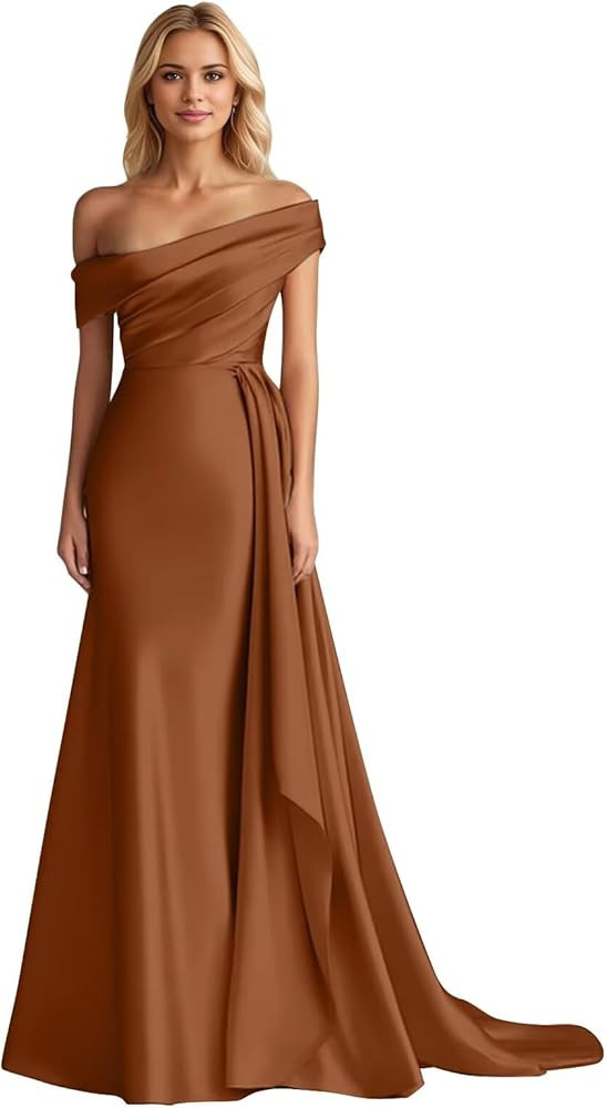 Vestidos de dama de honor de satén con hombros descubiertos, vestido de sirena para baile de gra... | Amazon (US)