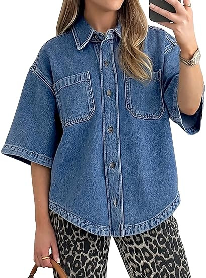 POTILI Denim Top for Women Short Sleeve Jean Shirt Trendy | Amazon (US)