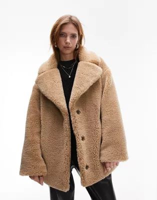 Topshop mid-length borg coat in camel | ASOS (Global)