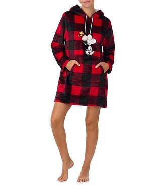 Long Sleeve Hooded Plush Checked Print Tunic | Dillard's