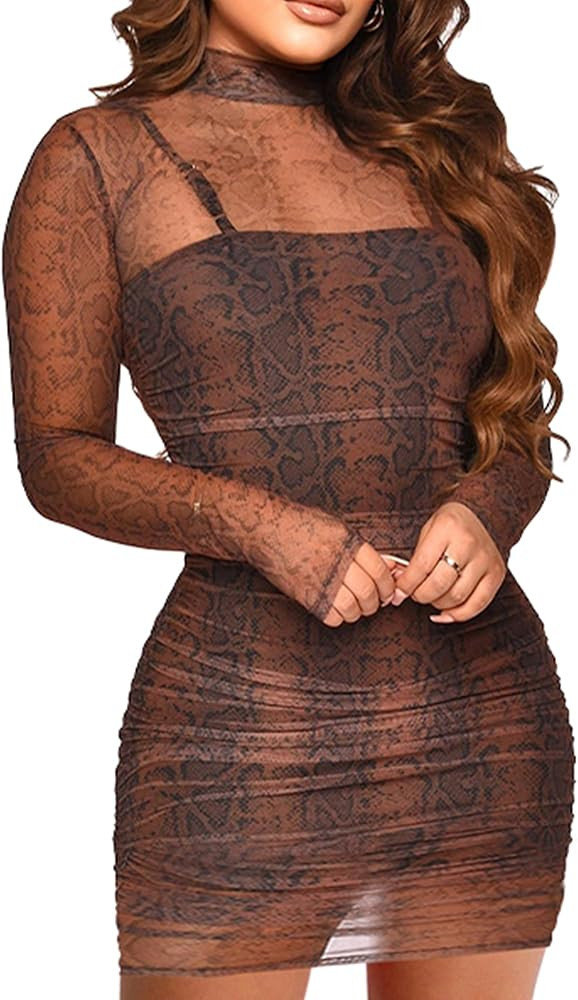 Sexy Long Sleeve Midi Dress for Women Sheer Mesh Printed Two Piece Skirt Set Crew Neck See Throug... | Amazon (US)