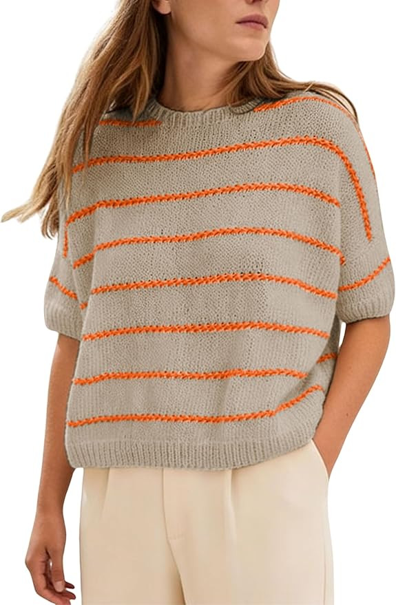 QIBABU Womens Short Sleeve Striped Sweater Top Casual Crewneck Lightweight Shirt Spring Summer Cr... | Amazon (US)