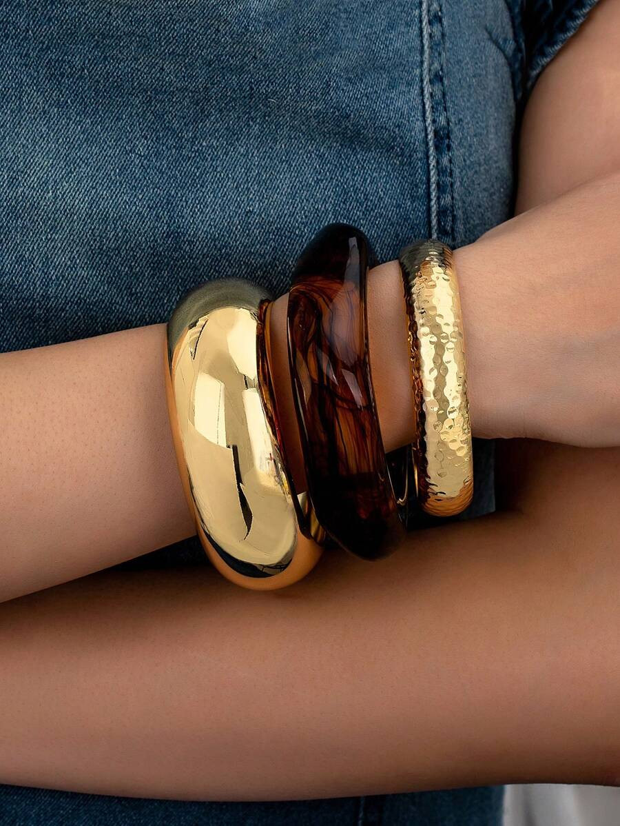 1pc Chunky Resin Cuff Bangle & 2pcs Golden Metal Chunky Cuff Bangles Set, Stackable Cuff Bracelet... | SHEIN