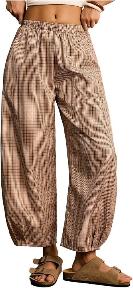 MakeMeChic Women's Gingham Barrel Pants Low Waist Wide Leg Fall Retro Baggy Trousers | Amazon (US)