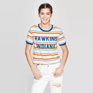 Women's Stranger Things Hawkins Indiana Striped Short Sleeve T-Shirt (Juniors') - Orange/Blue/Whi... | Target