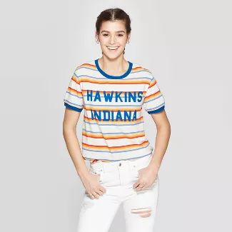 Women's Stranger Things Hawkins Indiana Striped Short Sleeve T-Shirt (Juniors') - Orange/Blue/Whi... | Target