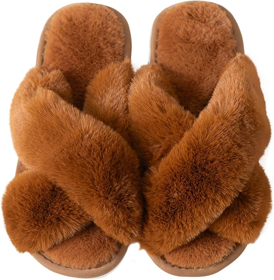 Women's Cross Band Fuzzy Slippers Fluffy Open Toe House Slippers | Amazon (US)