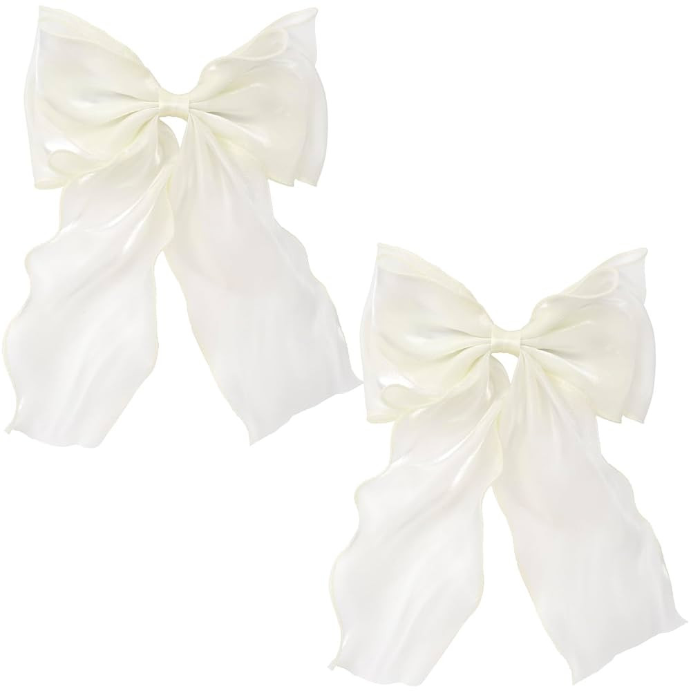 2Pcs Large Hair Bow Clips, White Silk Yarn Ribbon Bow Hair Barrette for Women, Elegant Long Tail ... | Amazon (US)