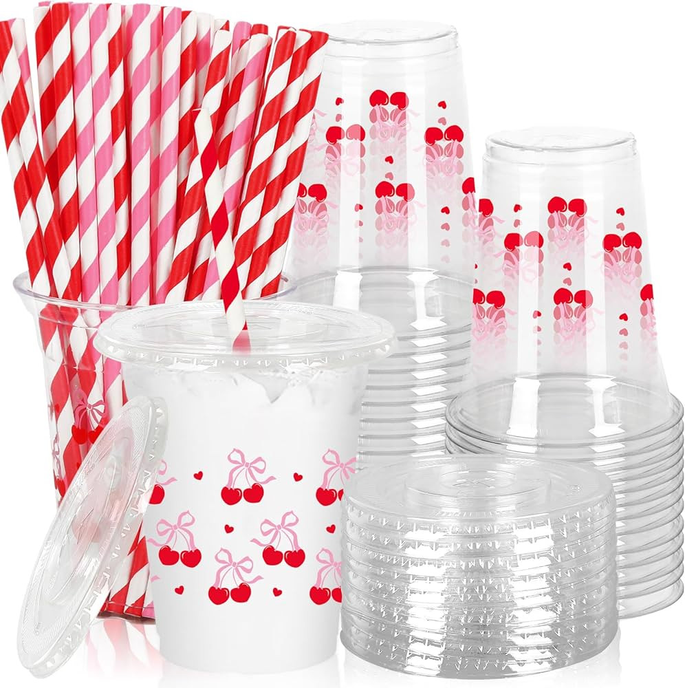 50Pcs Cherry Bow Plastic Cups with Lids and Straws Red Pink Bow Cherry Heart Clear Plastic Cups 1... | Amazon (US)