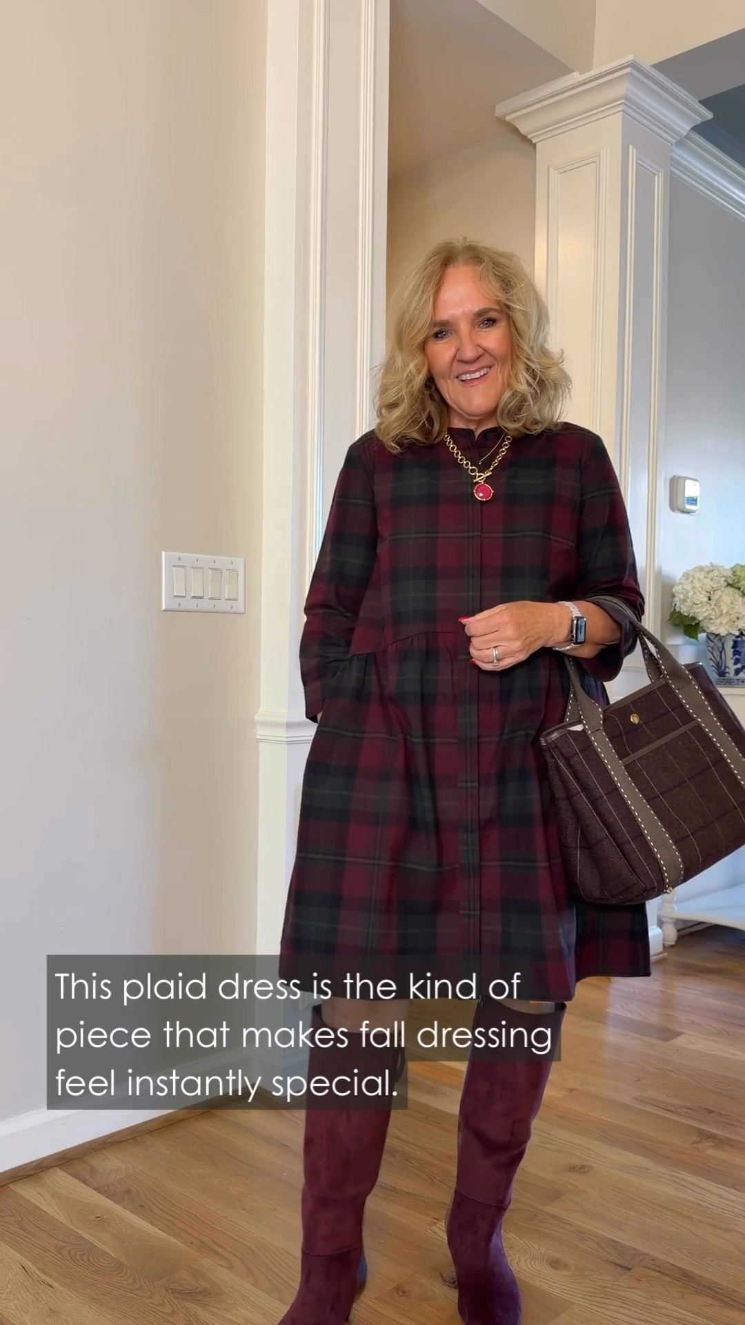 Now this is a plaid dress I can get behind! I’m wearing a medium petite, and I think those tall boots make it such a fun look for fall.