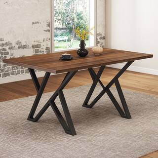 Walnut Wood Top 59.04 in. Cross Legs Dining Table Seats 6 with Black Metal Legs | The Home Depot