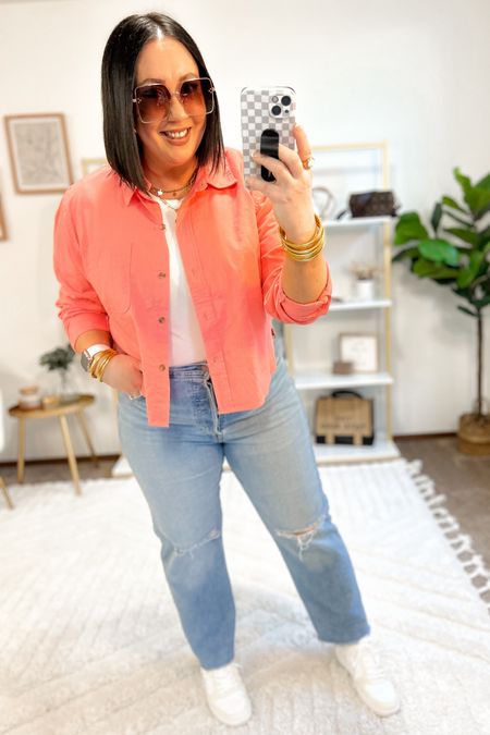 New cropped button down top at Target!  Love the bright colors for spring and summer! Sized up to an xl in mine. XL ribbed tee. Size 32 Levi’s jeans. Sneakers run tts  

#LTKfindsunder50 #LTKmidsize #LTKSeasonal