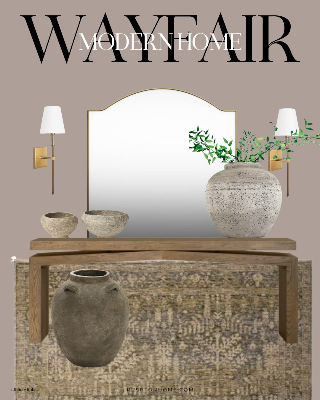 Fully styled modern and earthy entry feel! I love this printed rug which feels more like an upholstered wall hanging! Also this huge vase really adds to this space!! And I love the brass and gold sconces. Add in that earthy floor vase and you've got a whole vibe going!!

I've been loving these @wayfair home finds! This inspiration pulls together a vibe that feels antique, european, earthy and yet still modern.

Home decor, home design, interior design, furniture, console table, accent chairs, vases, candlesticks, bench, cabinet, sideboard,
 

 

#LTKWatchNow #LTKHome #LTKSaleAlert