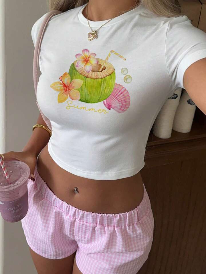 Aloruh Casual Minimalist Coconut And Starfish Pattern Round Neck Short Sleeve Crop Top T-Shirt For Women, Suitable For Summer Vacation, Spring Break | SHEIN