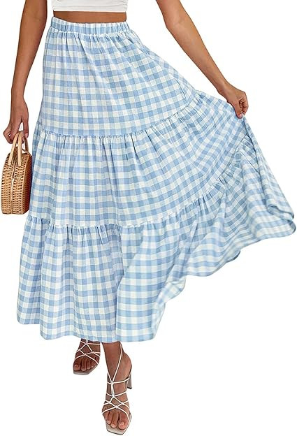 ZESICA Women's 2023 Summer Plaid Elastic High Waist Flowy A Line Maxi Skirt with Pockets | Amazon (US)