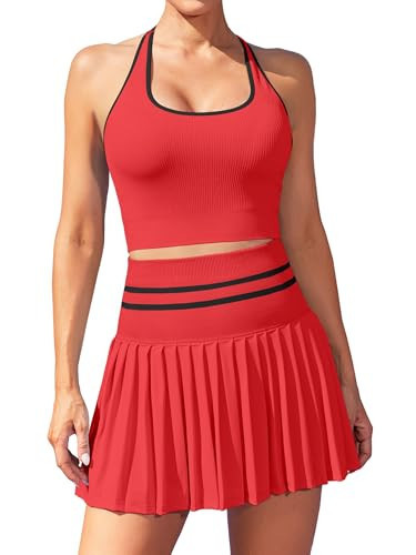 ATTRACO Athletic Skort Sets for Women 2 Piece Pickleball Outfits Tennis Skirt Dress Red S | Amazon (US)
