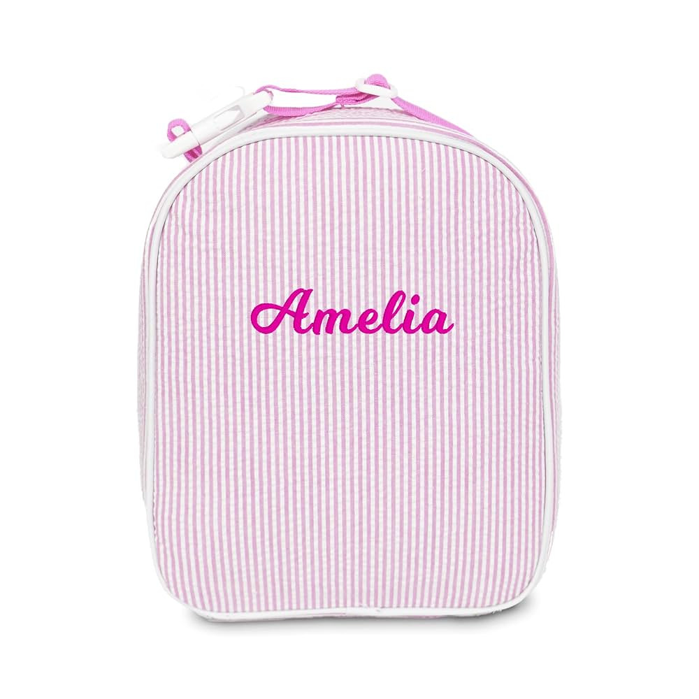 MT WORLD Personalized Lunch Bag Tote Custom Embroidery Name Reusable Seersucker Stripe Pattern In... | Amazon (US)