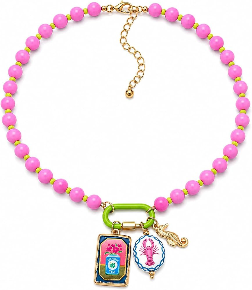 LIU JUN Colorful Beaded Necklace for Women, Chunky Boho Fish Starfish Conch Pendant Acrylic Bead ... | Amazon (US)