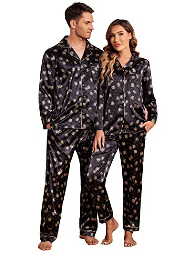 Ekouaer Matching Christmas Pajamas for Couples Silky Soft Sleepwear Cute Long Sleeve Two Piece Pjs Black With Snowflakes,M | Amazon (US)