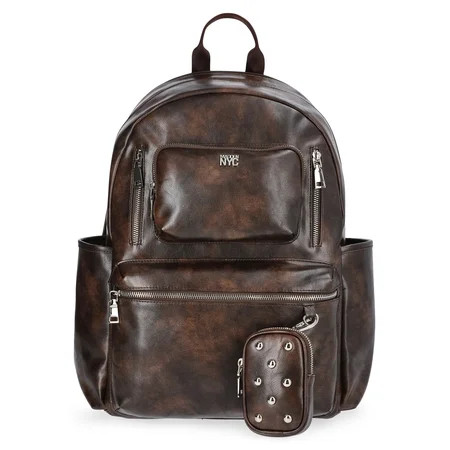 Madden NYC Women's 18.5" Faux Leather Dome Backpack with Front Pocket and Removable Pouch, Brown | Walmart (US)