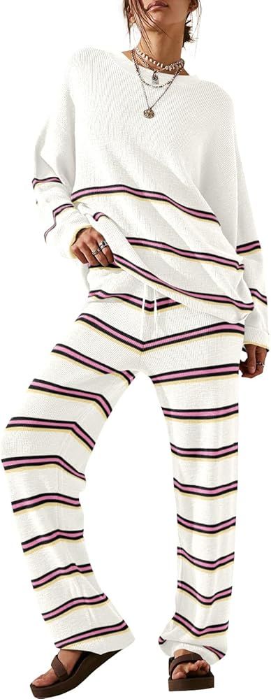Saodimallsu Womens 2 Piece Outfits Sweater Sets Striped Sweater Oversized Trendy Fall Pullover Sw... | Amazon (US)