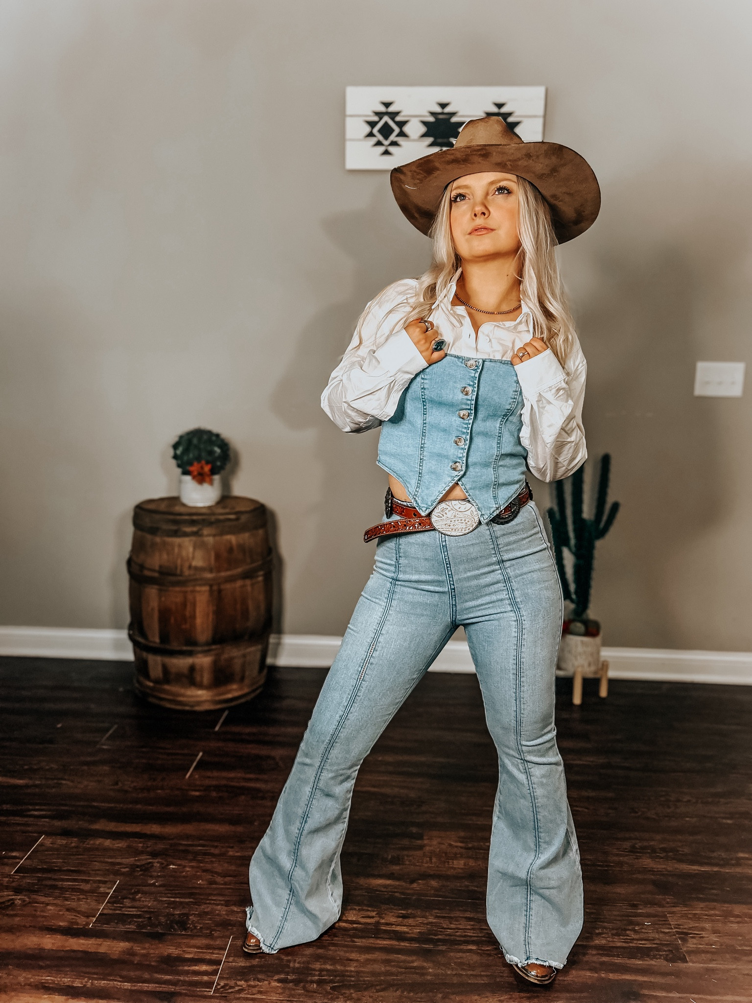 Jeans, jean style, all jean style, cowboy hat, burned hat, fedora hat, distressed hat, custom cowboy hat, bell bottoms, cowboy belt, concho belt, layering outfit, spring fashion, country concert outfit, western fashion, cowgirl fashion, the Kiersten zile collection, jean vest, jean top

#LTKU #LTKfindsunder50 #LTKparties