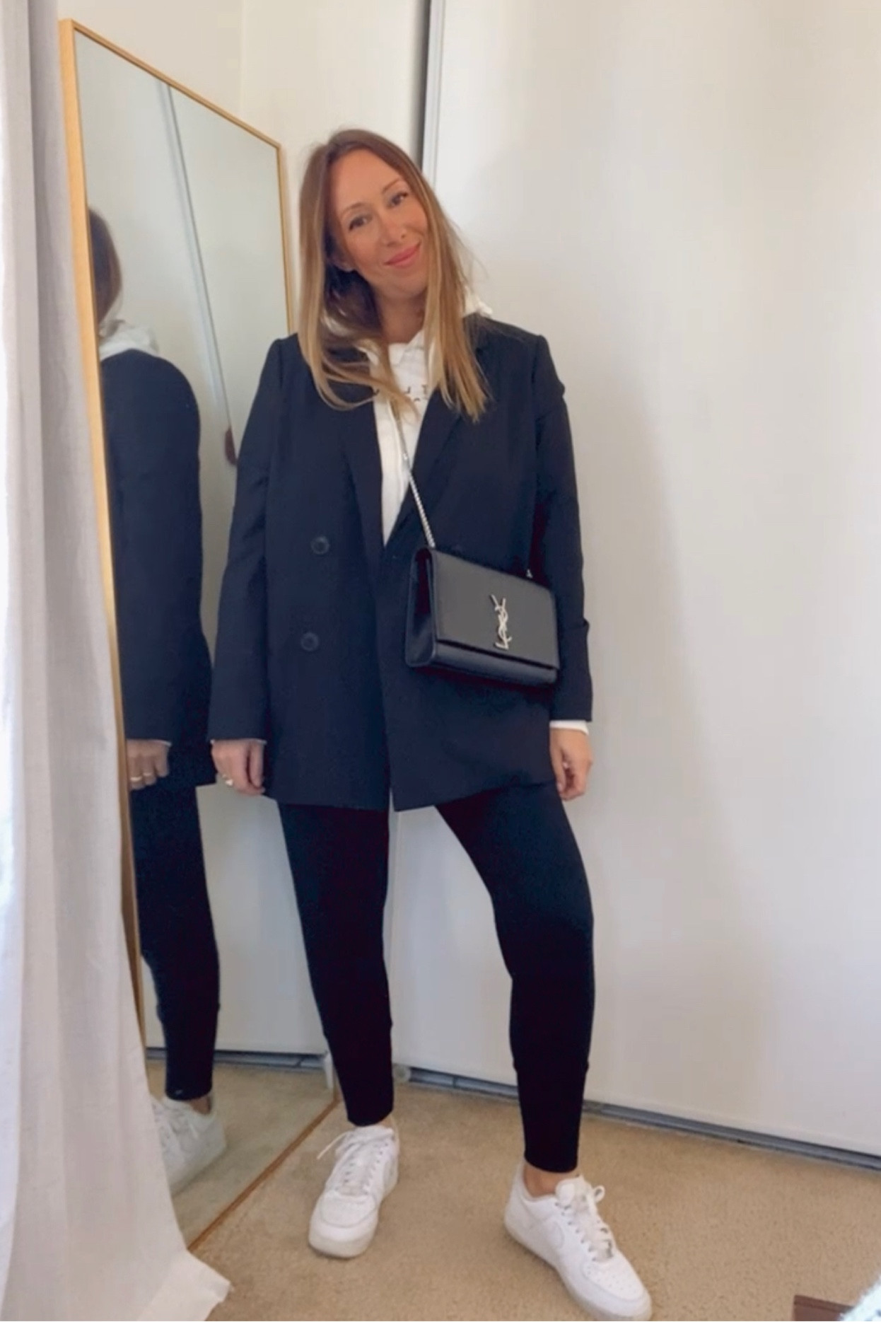 Joggers blazer and hoodie sweatshirt ysl purse casual outfit with sneakers 