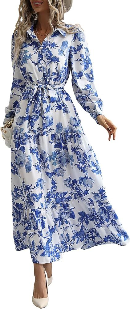 Milumia Summer Flowy Long Maxi Dress Button Up Split Floral Print Boho Dresses for Women 2023 | Amazon (US)