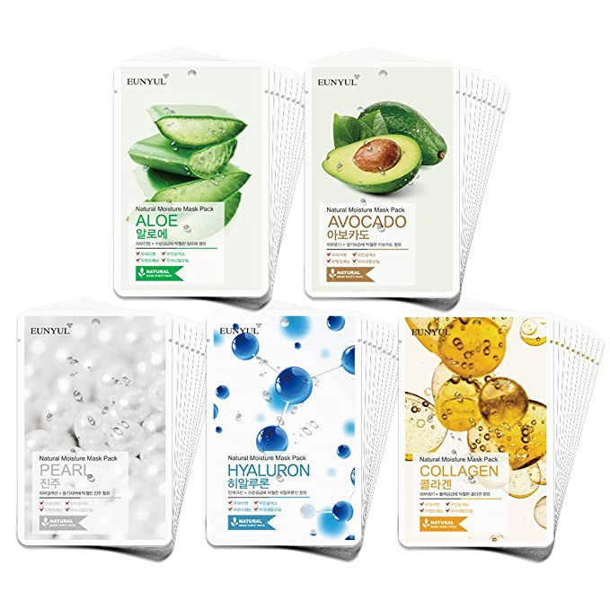 EUNYUL [PACK OF 50] Natural Sheet Mask Pack 5 types Korean Skincare Facial Mask Pack Aloe, Collag... | Amazon (US)