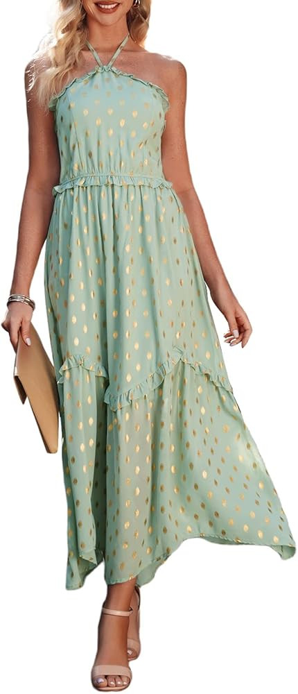 BLENCOT Womens Halter Neck Sleeveless Dresses Ruched Sun Dress Backless Flowy Ruffle Long Boho Dr... | Amazon (US)