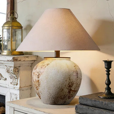 Iftikar Rustic Earthenware Table Lamp With Linen Shade & Free LED Bulb — Compact Accent Lamp For Bedroom, Living Room Or Entryway | Wayfair North America
