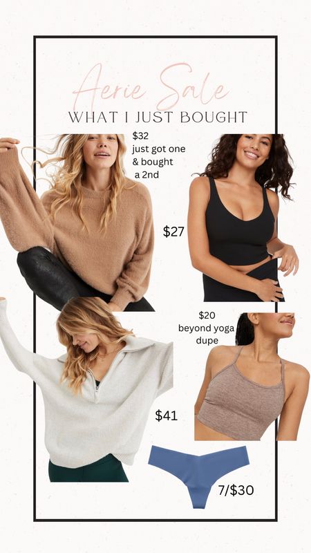 Aerie 40% off sale on sweaters and bralettes as well as 7 for $30 underwear! I got this camel sweater in a medium and was so in love that I bought it in cream but did get a large for a baggier fit. I got a medium in everything else, which is my true size  

#LTKunder50 #LTKsalealert #LTKSeasonal