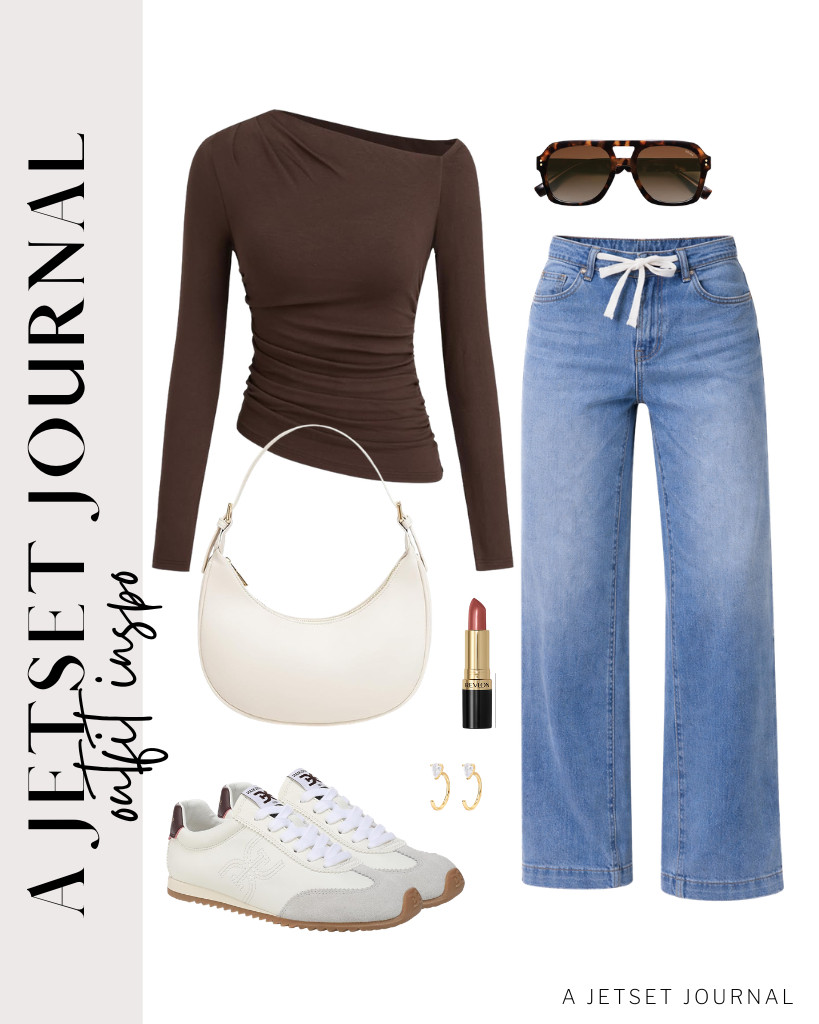 This asymmetrical, long-sleeved top pairs well with wide-leg denim pants. Make the look more sophisticated with huggie half-loop earrings, a white crescent shoulder bag, and sneakers. 

 #LTKSeasonal #LTKSaleAlert #LTKTravel