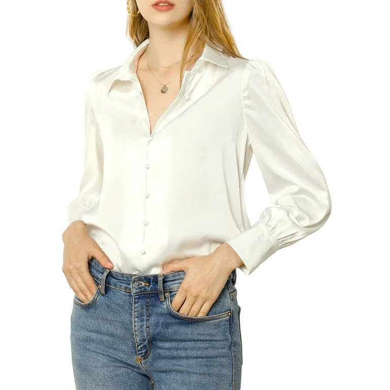 Allegra K Women's Work Point Collar Puff Long Sleeve Button Satin Shirt | Walmart (US)