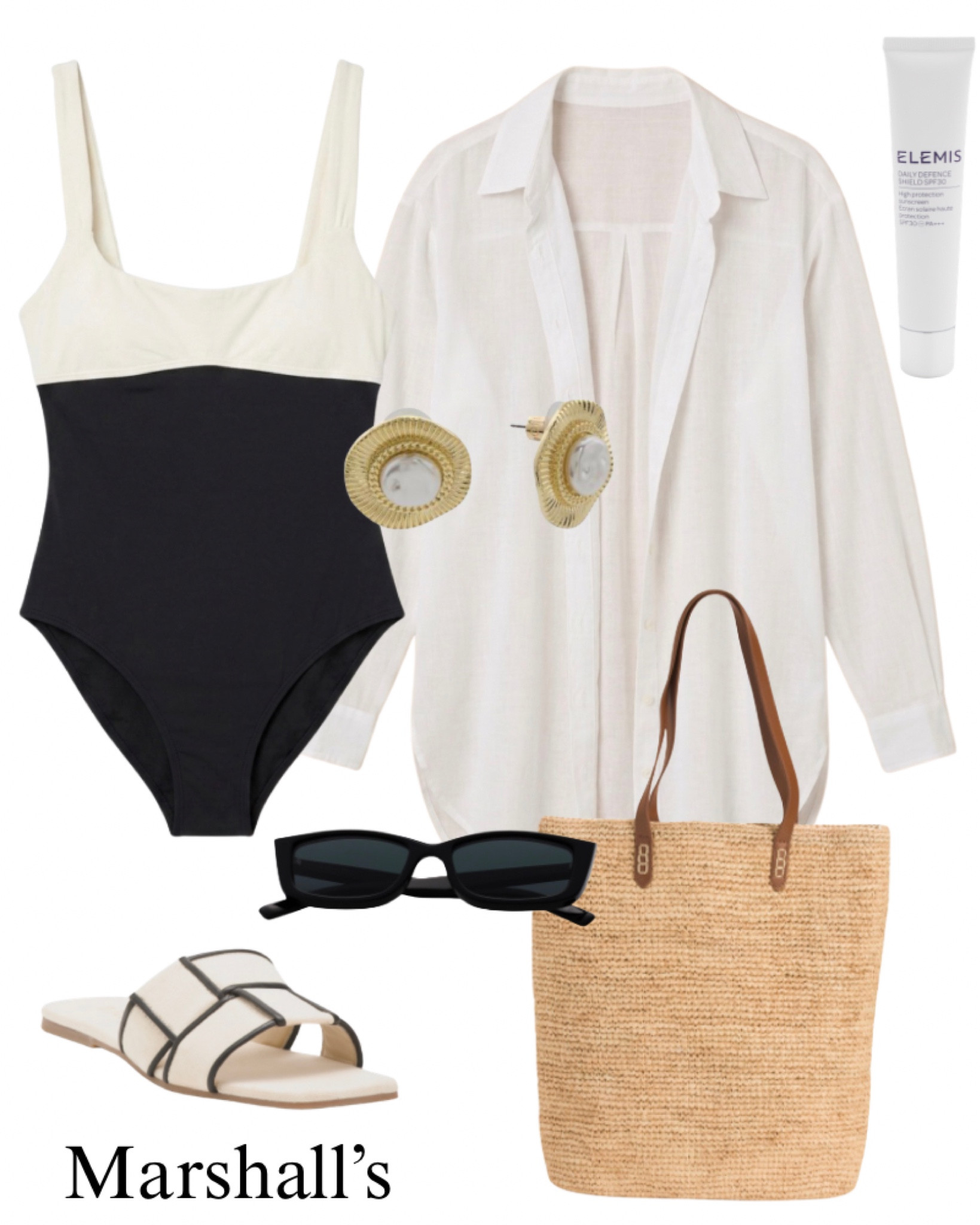 ￼ Beach outfit idea on sale at Marshalls, L Space black and-white one piece swimsuit, white, button-down cover-up, straw, tote, black-and-white flat sandals, Saint Laurent, sunglasses, pearl and gold round earrings, SPF, pool, resort, vacation.

#LTKSaleAlert #LTKootd #LTKSwim