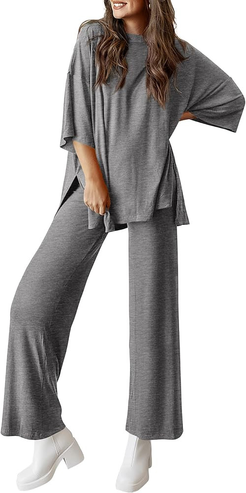 PRETTYGARDEN Women's 2 Piece Outfits Casual Short Sleeve Pullover Tops and Wide Leg Pants Lounge ... | Amazon (US)