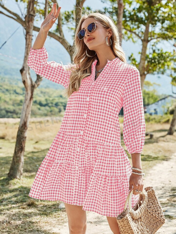 SHEIN VCAY Gingham Notch Neck Ruffle Hem Dress | SHEIN