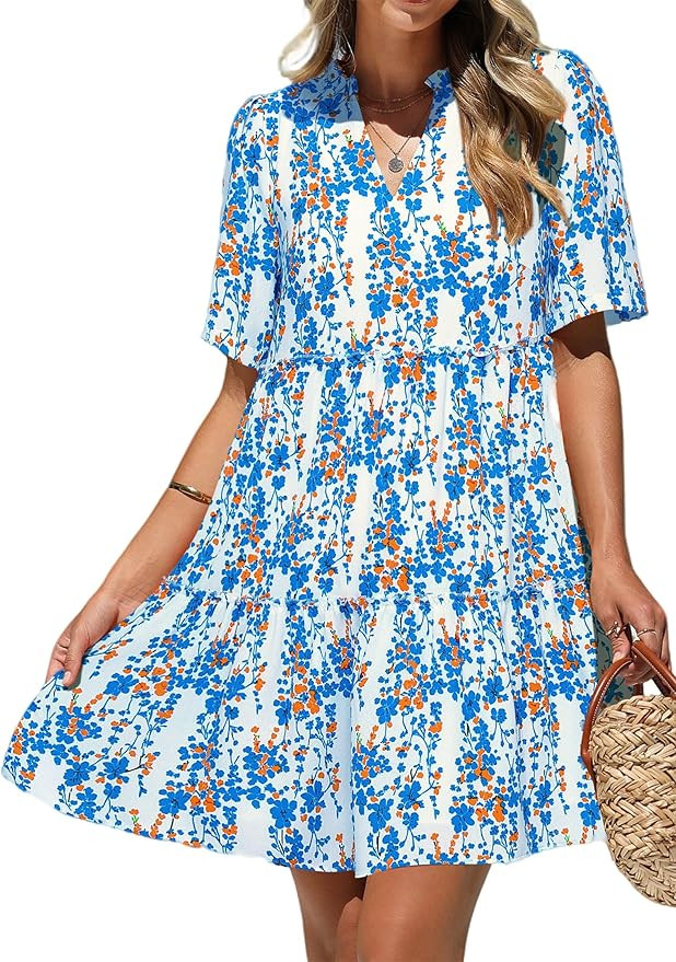 KIRUNDO Womens Summer Dresses Casual Boho Floral Mini Babydoll Short Sleeve A Line Dress V Neck S... | Amazon (US)
