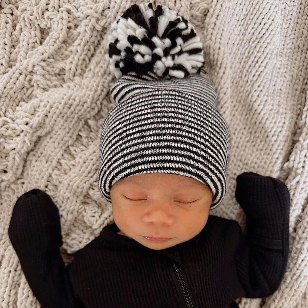 Baby's First Hat, Black/White Stripe Pom | SpearmintLOVE